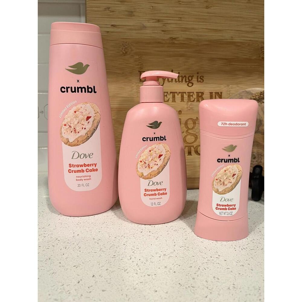 NEW Dove x Crumbl STRAWBERRY CRUMB CAKE Body Wash Hand Wash & Deodorant Set Of 3